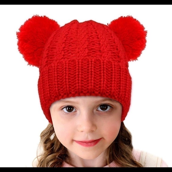 Red Pom Ball Winter Toddler Hat - Picture 2 of 4